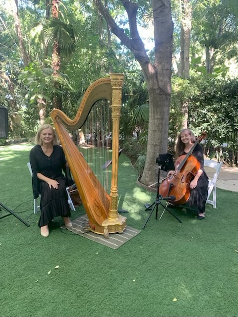 Cellist And Harpist Performing Outdoors At A Los Angeles Event