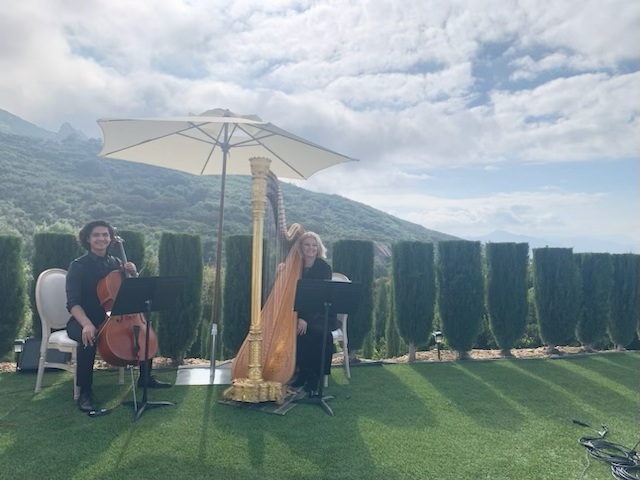 Harp And Cello Duo Performing Outdoors In Malibu