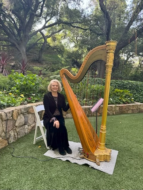 Peggy harpist performing for an outdoor private event