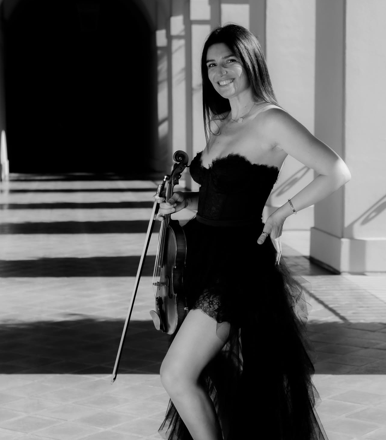 Black and white editorial portrait of Marina violinist in Los Angeles