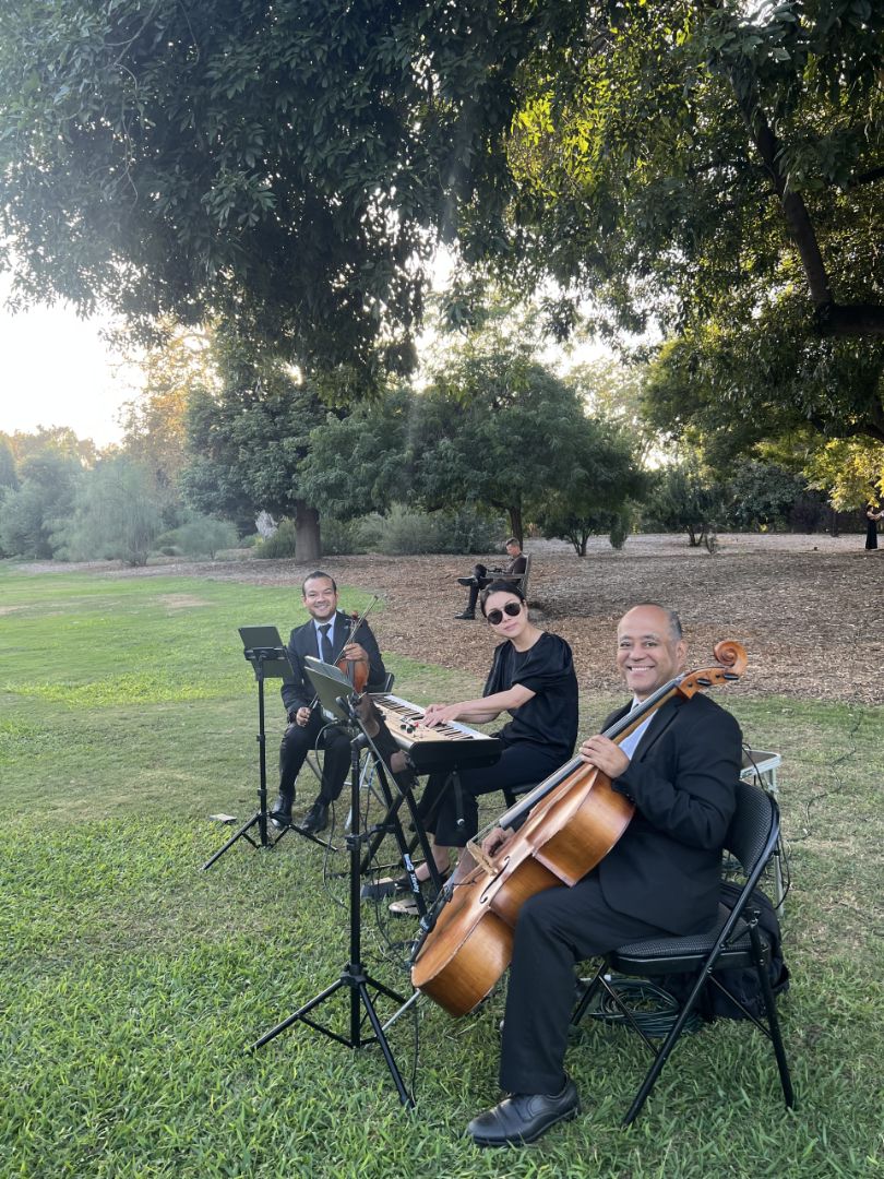 Cellist, violinist and pianist performing during an outdoor wedding ceremony