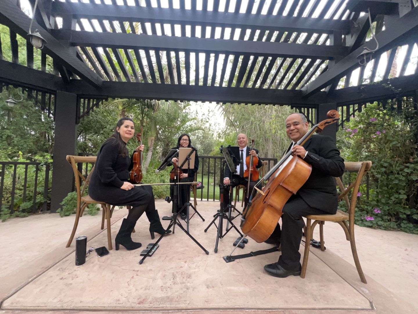 Los Angeles string quartet performing beneath an outdoor pergola